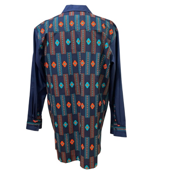 Royal Nakor Ghana Long Sleeve Button-Up Shirt L African Print Navy Red Turquoise - Picture 3 of 10